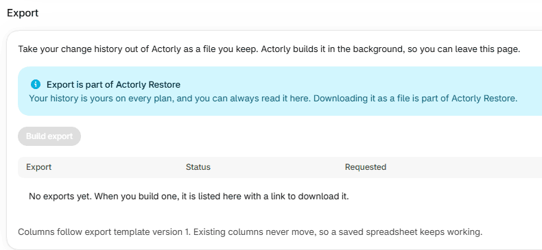 The Export block on Actorly Watch: Build export switched off, and No exports yet